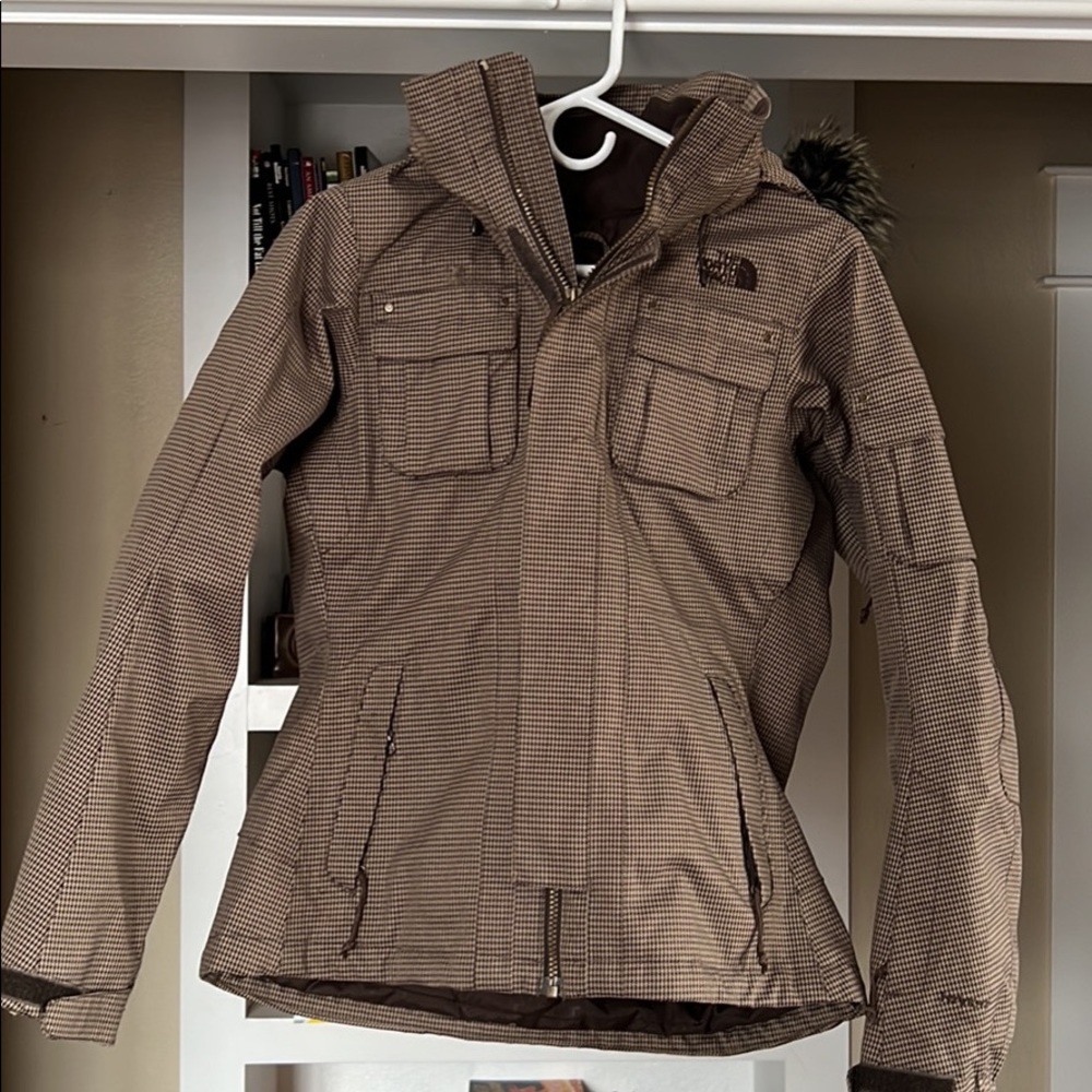 North Face Brown/beige Houndstooth Ski Jacket with faux fur hood